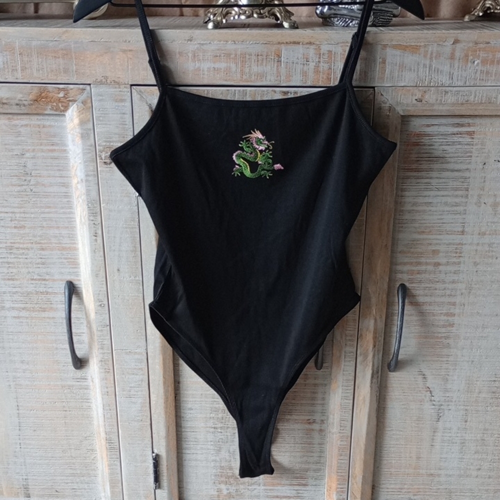 B) SHEIN Black Bodysuit with Green Dragon Embroidery